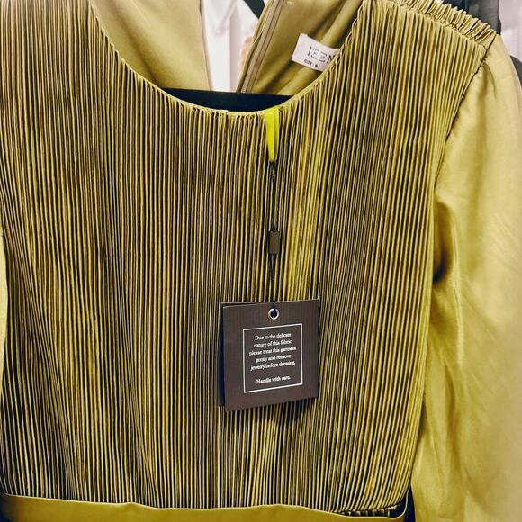 Mac Duggal Long Sleeve Pleated Satin Cocktail Mid Dress Olive Green Size 12 NWT - Picture 7 of 9